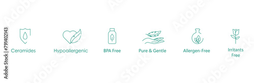 Skin Health Icon: Ceramide-Enriched, Hypoallergenic, BPA-Free, Non-Comedogenic, Fragrance-Free, Alcohol-Free Vector Design