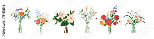 Flower bouquet, beautiful blossom arrangements set. Spring and summer floral bunches, garden flora and wildflowers. Fresh blooms, holiday gift. Flat vector illustration isolated on white background