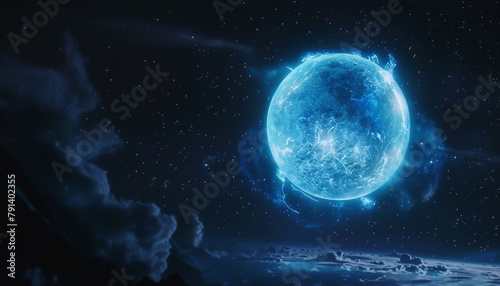 cinematic photoreal bright blue orb in night sky