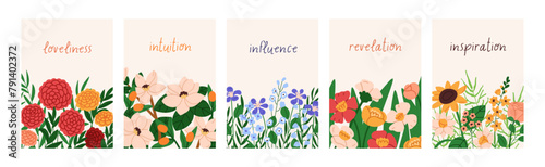 Floral background designs set. Beautiful blossomed flowers, gentle wildflowers, spring and summer cards. Natural botanical posters with blooming field and meadow plants. Flat vector illustration