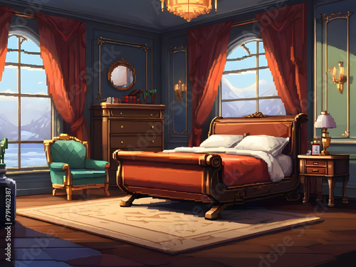 a bedroom with a sleigh style bed and a chair with a foot rest in front of it, pixel art style Ai generative 