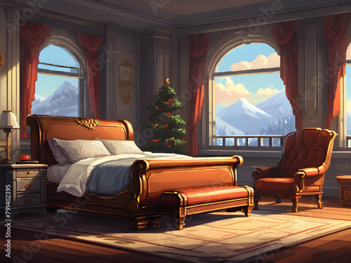 a bedroom with a sleigh style bed and a chair with a foot rest in front of it, pixel art style Ai generative 