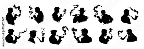 Smoking gentlemen black silhouettes vector pack. Aristocrats smokers hat cap smoke clubs holding pipe characters illustrations isolated on white background
