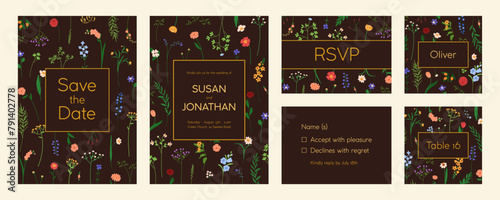Wedding party, inviting card templates set. Floral botanical invitation, tabl...