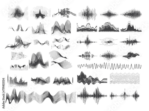 Sound waves black vector set. Voice radio communication walkie talkie musical audio transmitter signal frequencies icons, illustrations highlighted on white background