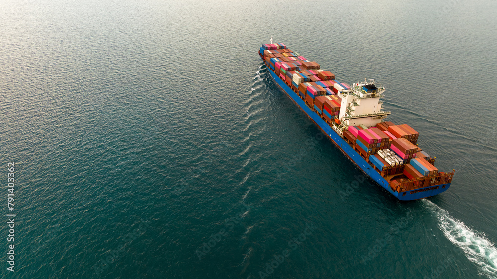 Aerial view cargo container ship, Container cargo vessel ship carrying container for import export logistic freight shipping, Global business logistic sea freight shipping logistic cargo vessel.