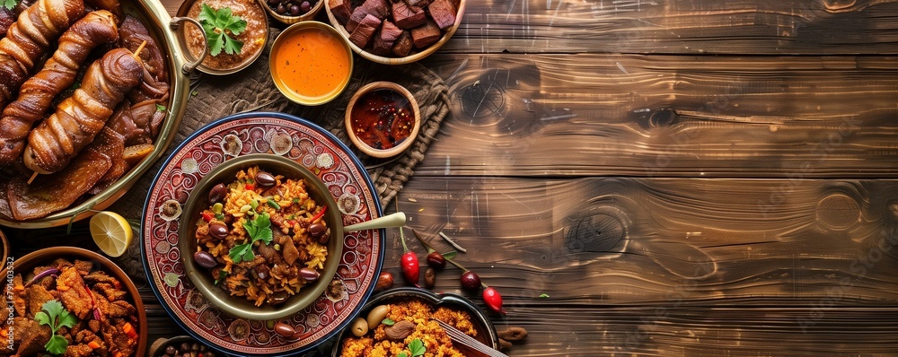 A festive traditional Muslim meal. Eid al-Adha. Beautifully set table with food. Oriental sweets