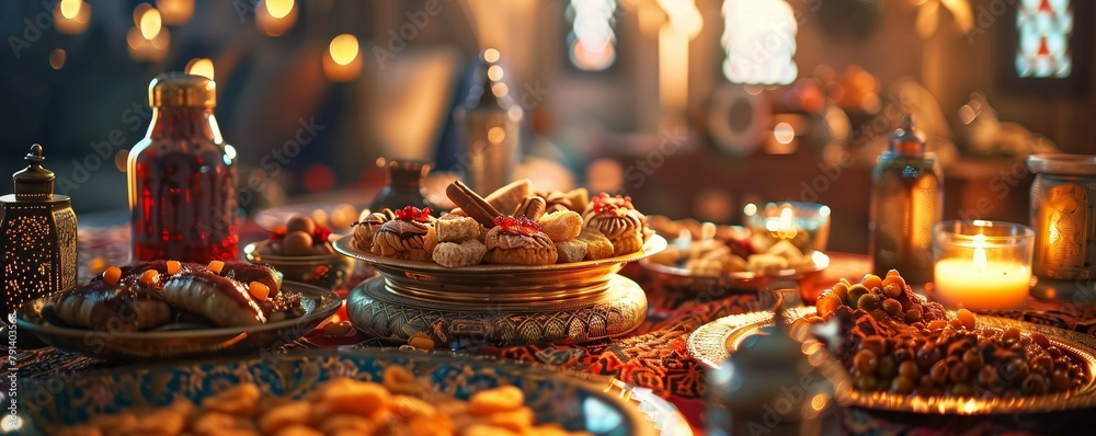 A festive traditional Muslim meal. Eid al-Adha. Beautifully set table with food. Oriental sweets