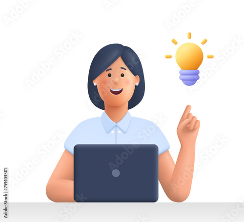 Young smiling woman working on the laptop computer and pointing finger up to bulb. Creativity innovation and business idea concept. 3d vector people character illustration. Cartoon minimal style.