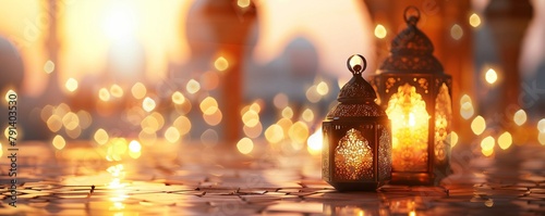 A traditional oriental lantern. A lamp with a candle. A religious holiday attribute among Muslims. Stained Glass Islamic Candle Holder photo