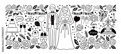 ウエディング　花に囲まれた新郎新婦のイラスト　線画