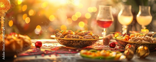 A festive traditional Muslim meal. Eid al-Adha. Beautifully set table with food. Oriental sweets © Katsyarina