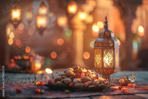 A traditional oriental lantern. A lamp with a candle. A religious holiday attribute among Muslims. Stained Glass Islamic Candle Holder