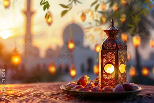 A traditional oriental lantern. A lamp with a candle. A religious holiday attribute among Muslims. Stained Glass Islamic Candle Holder