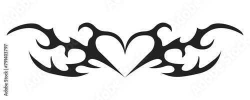 Neo tribal heart y2k aesthetic tattoo gothic cover, fire or wings abstract silhouette isolated on background. Divider, border, cyber body ornament, neotribal web goth decoration