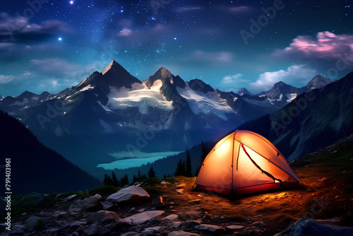 summer night camp, sky with shooting stars, beautiful