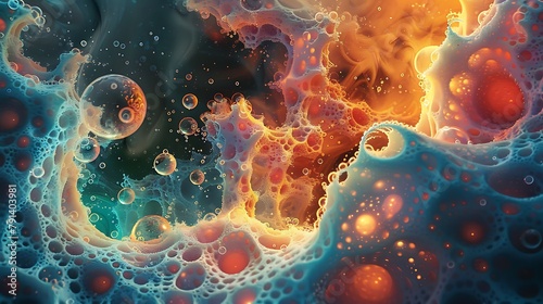A colorful, abstract painting of a galaxy with many different colored spheres
