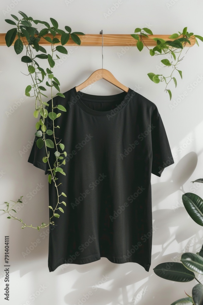 Black T-shirt on wooden hanger with tropical plants. - obrazy, fototapety, plakaty 