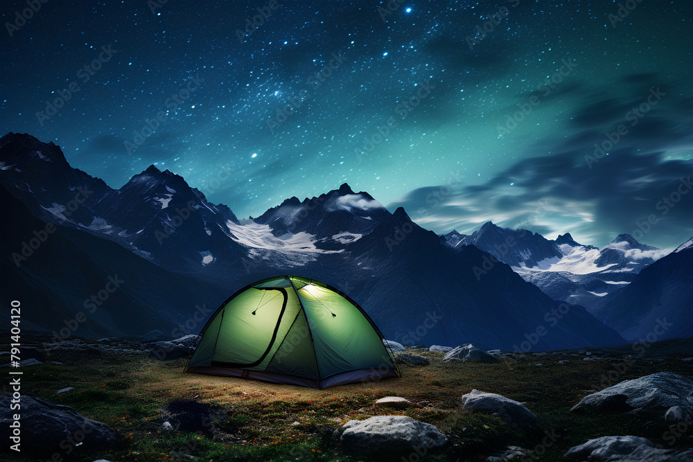 summer night camp, sky with shooting stars, beautiful
