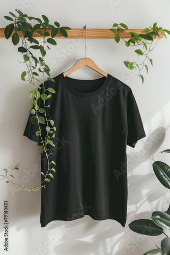 Black T-shirt on wooden hanger with tropical plants.