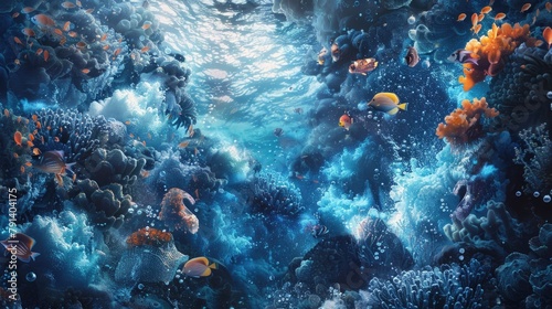 A whimsical underwater pattern with swirling sea creatures and aquatic elements dancing amidst a backdrop of ocean waves and coral reefs  evoking the magic and mystery of the underwater world  