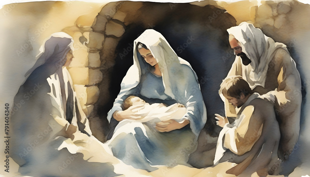 Watercolor painting of the Birth of Jesus Christ at Bethlehem. Stock ...