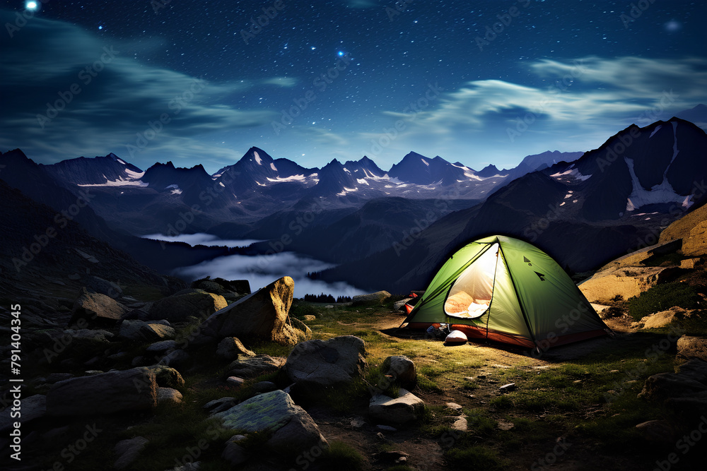 summer night camp, sky with shooting stars, beautiful