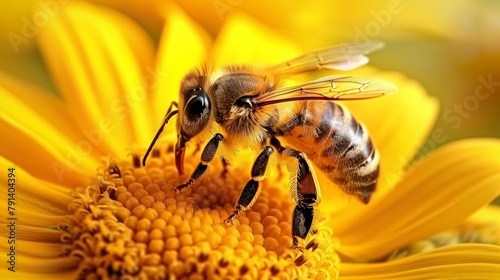 Bee on yellow flower collects nectar. Golden honey bee on flower pollen.