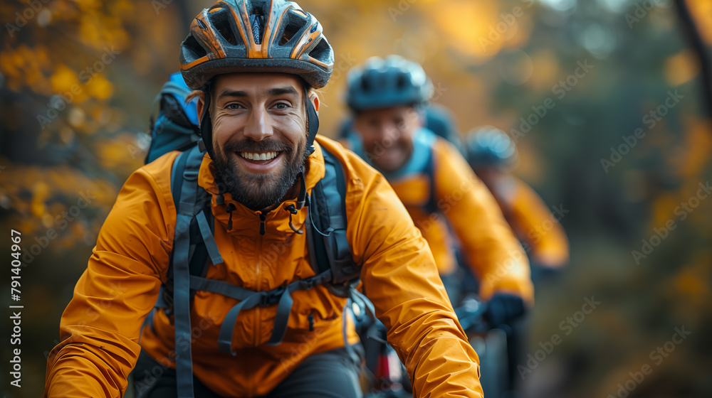 Handsome man in helmet and jacket riding bicycle in autumn forest Handsome man in helmet and jacket riding bicycle in autumn forest