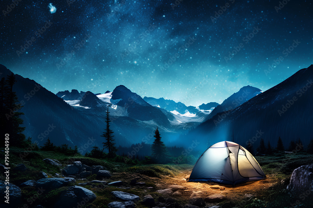Camping in the mountains under the starry night sky