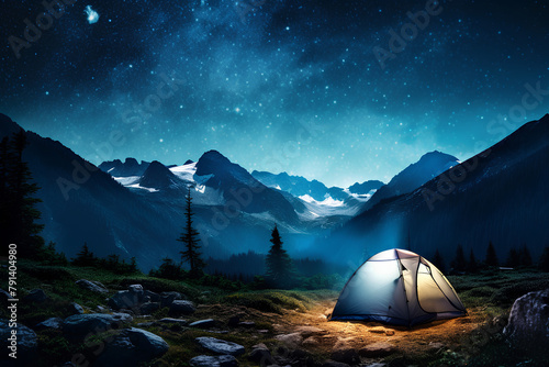 Camping in the mountains under the starry night sky