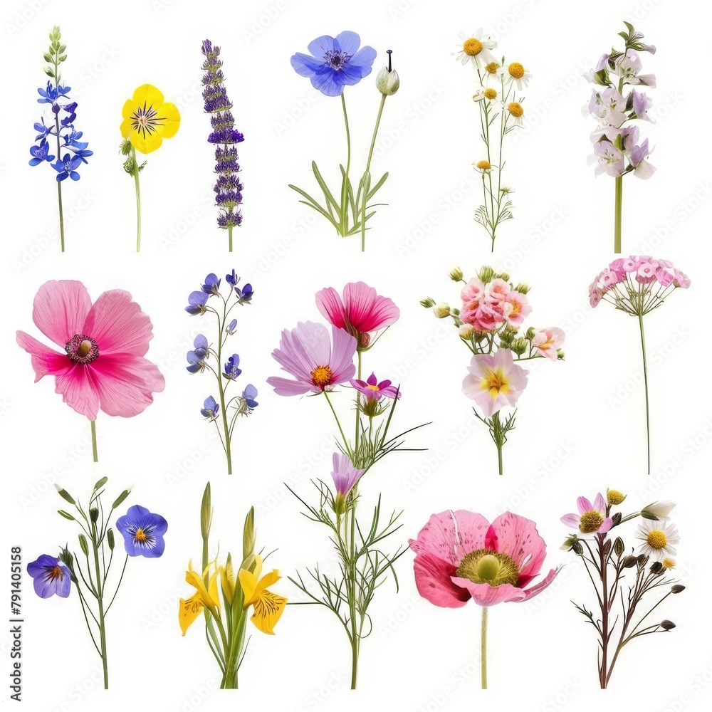 Beautiful Collection of Pressed Flowers and Plants. An array of various pressed flowers and plants in bright, vivid colors, perfectly suitable for art projects, decoration, or botanical studies.