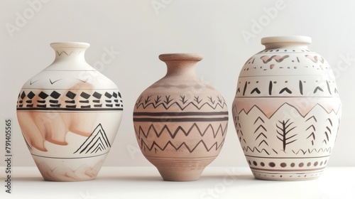 Blank mockup of a set of three handpainted pottery vases in earthy tones and geometric patterns. .