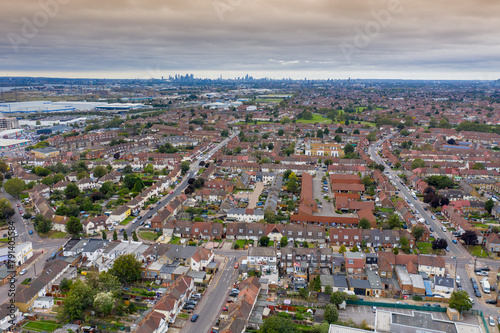 Aerial photo of the town of Dagenham, a district and suburban town in East London, England showing a typical British housing estates from above