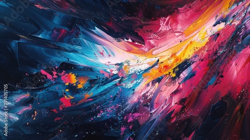 An abstract painting bursting with dynamic energy and vibrant hues, its bold strokes and expressive gestures captivating the viewer's attention and sparking the imagination. photo