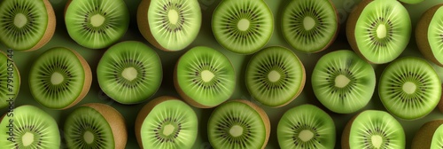 An image showcasing a meticulous arrangement of vibrant green kiwi slices presenting a fresh, natural aesthetic photo