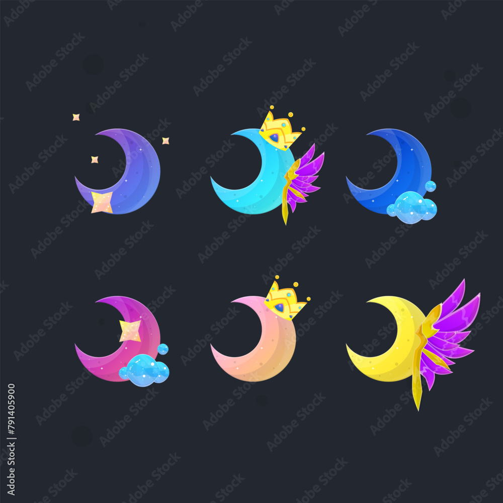 Magic Moon Set Glossy In Golden Frame Set Sub Bit Badges Streamer Graphics Games Wings Emblem Twitch Game Icon Badge Isolated Vector Design