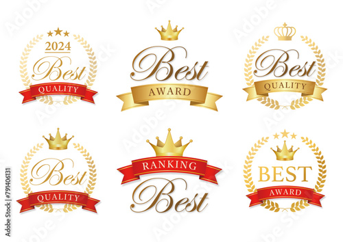 ベストアワード　メダル　王冠　ラベル 金　赤　リボン　月桂冠　冠