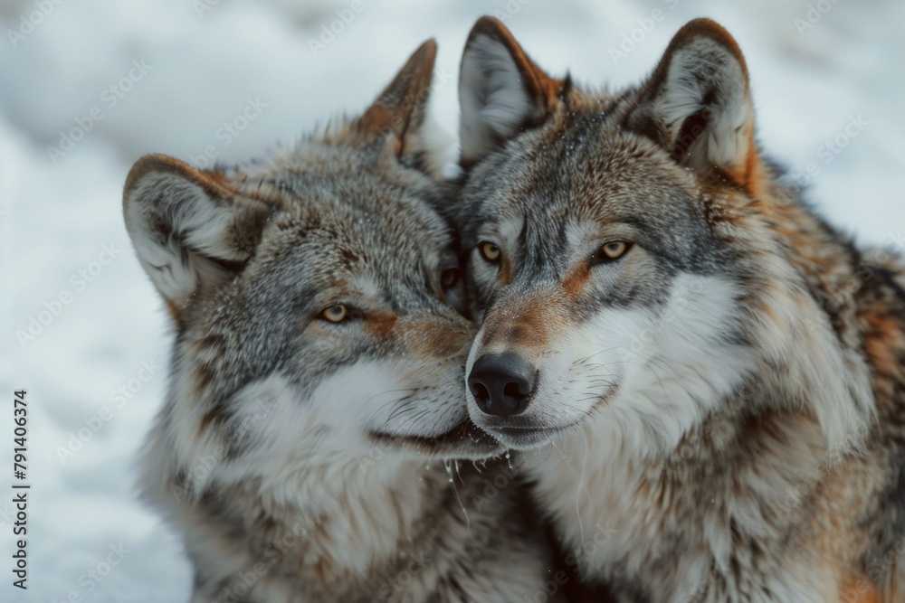 Two wolfs in the snow,  Close-up portrait of two wolfs