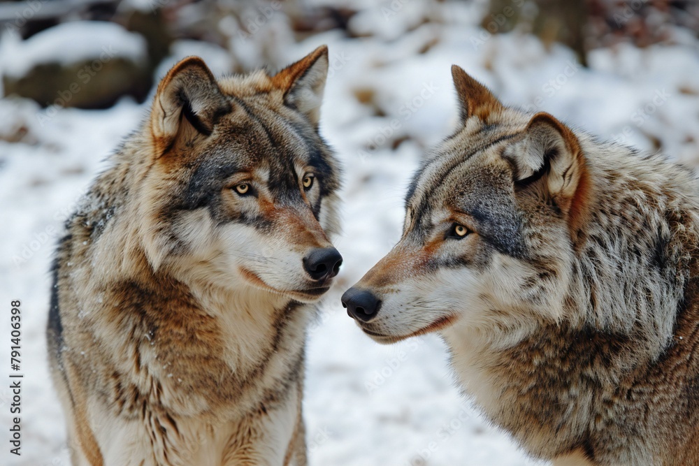 Two wolves in the winter forest,  Two wolves in the winter forest