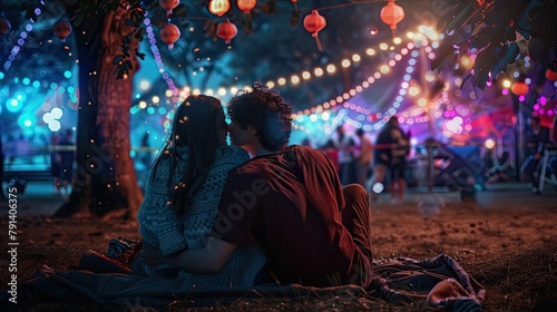 A young couple cuddled up on a blanket at a music festival, their faces illuminated by the colorful lights and pulsating rhythms of the stage,