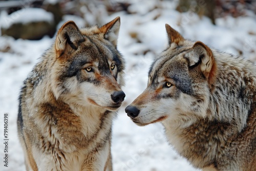 Two wolves in the winter forest   Two wolves in the winter forest