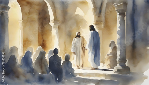 Watercolor painting of Jesus Christ visiting the Temple at Jerusalem.