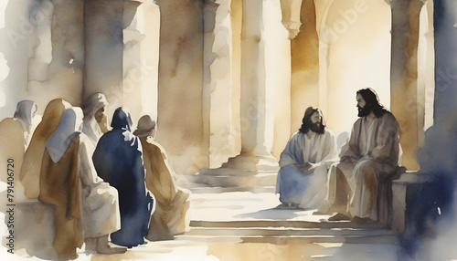 Watercolor painting of Jesus Christ visiting the Temple at Jerusalem. photo