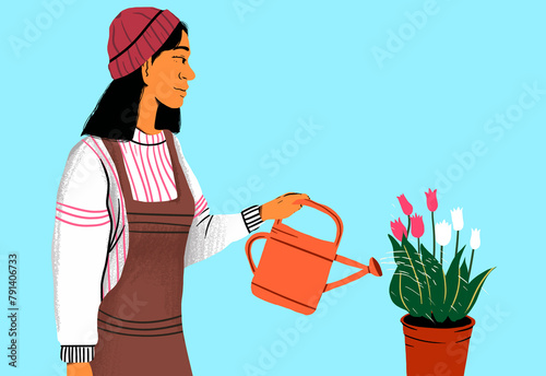 Woman in beanie watering tulips against blue background photo