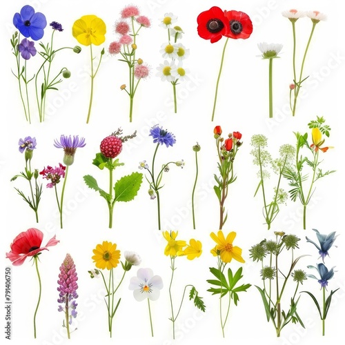 Assortment of Wildflowers Isolated on White Background