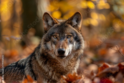 Portrait of a wolf in the autumn forest with fallen leaves