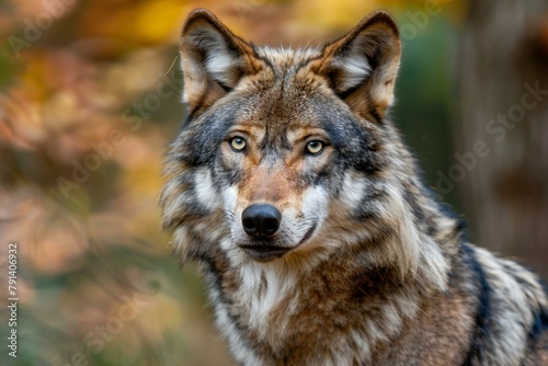 Portrait of a wolf in the autumn forest  close-up