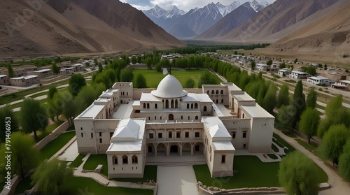 A 180-degree aerial panorama of Khaplu palace, located in Khaplu Town of Gilgit Baltistan, Pakistan.generative.ai photo