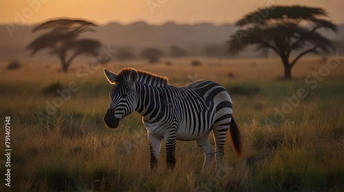 Africa sunset. Plains zebra  Equus quagga  in the grassy nature habitat with evening light.generative.ai